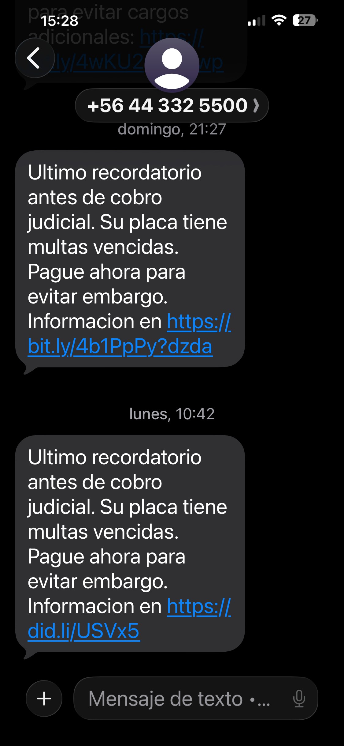 Captura de Smishing TAG — Falsa multa por infracción en autopista